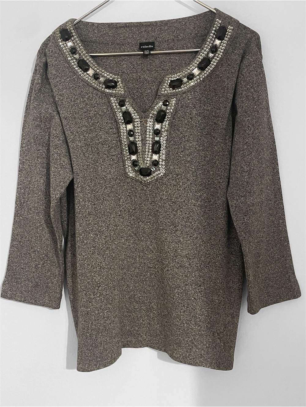 Women’s Rafaella Brown Embellished V-Neck Tunic Knit Blouse Size Large